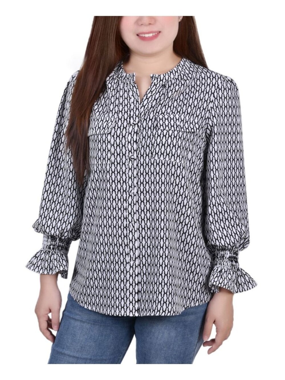 NY Collection Womens Petites Button Down Crew Neck Blouse Black Size PM NWT